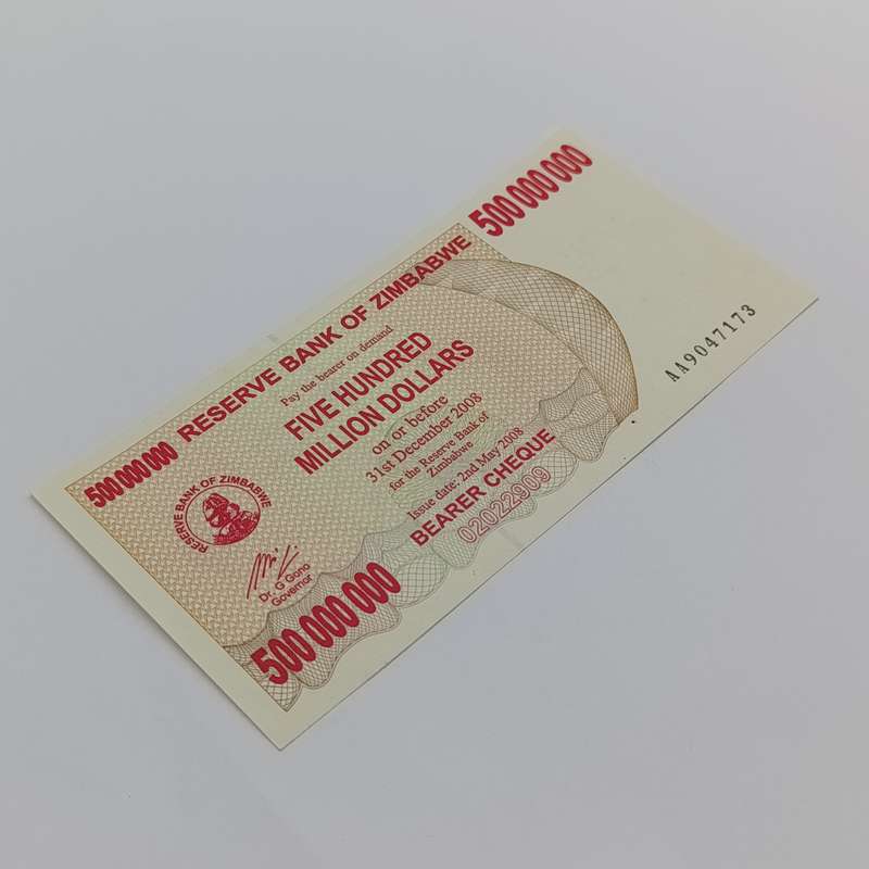 Zimbabwe 500 Million dollars bearer cheques issued 2nd May 2008 uncirculated consecutive numbered