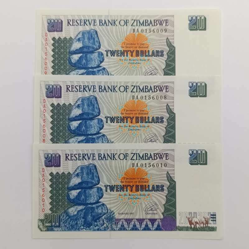 Zimbabwe $20 Harare 1997 Lot of 3 banknotes with consecutive numbers - uncirculated