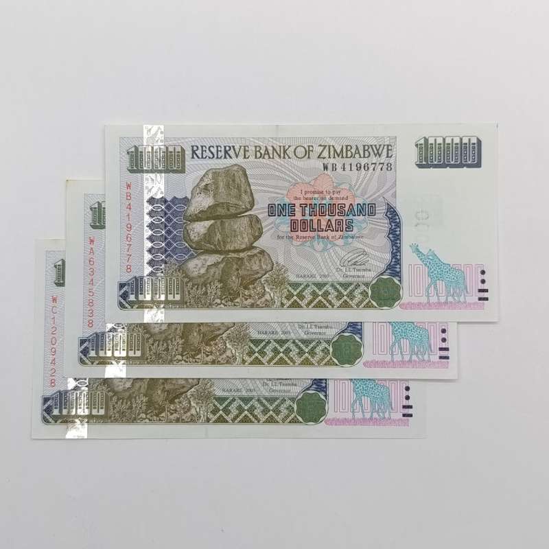 Zimbabwe $1000 Harare 2003 lot of 3 uncirculated banknotes - series WA,WB,WC