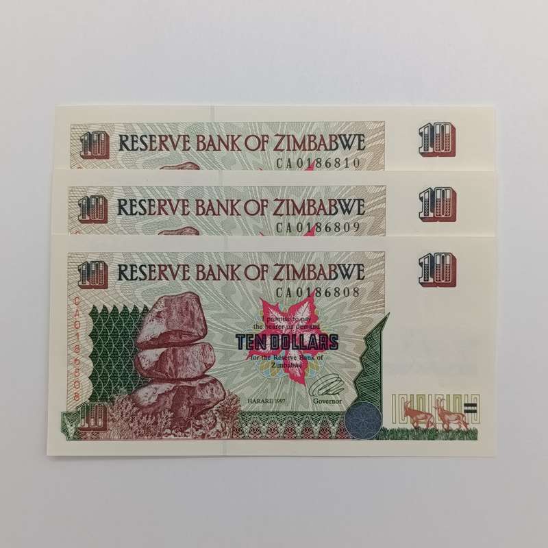 Zimbabwe $10 Harare 1997 lot of 3 uncirculated banknotes with consecutive numbers