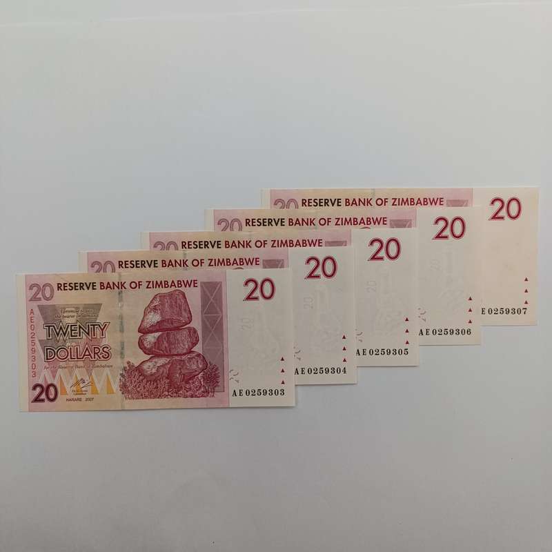 Zimbabwe $20 Harare 2007 lot of 5 banknotes with consecutive numbers - uncirculated