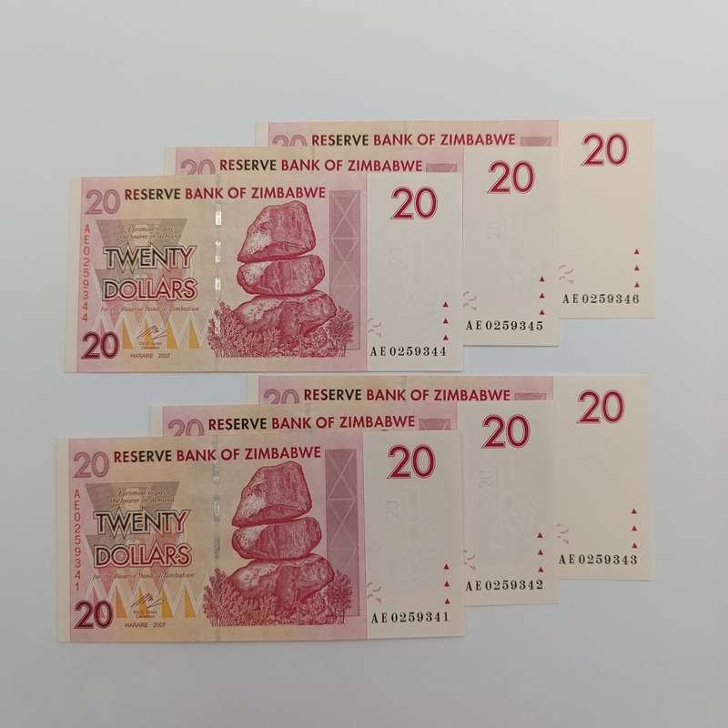 Zimbabwe $20 Harare 2007 banknotes lot of 6 uncirculated notes with consecutive numbers