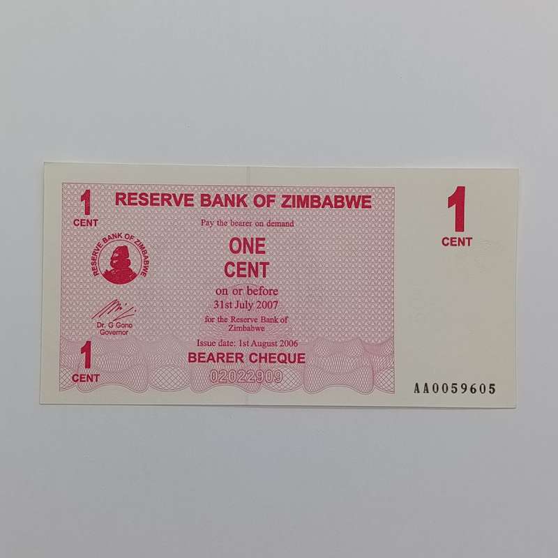Zimbabwe 1-8-2006 set of lowest denomination bearer cheques 1 cent to 1 dollar uncirculated