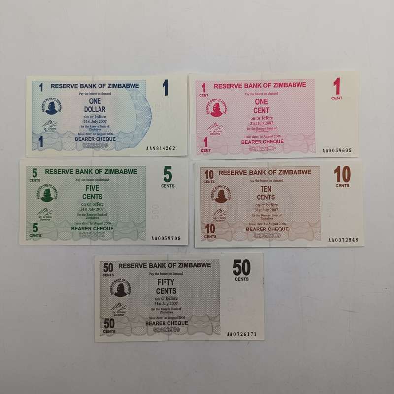 Zimbabwe 1-8-2006 set of lowest denomination bearer cheques 1 cent to 1 dollar uncirculated