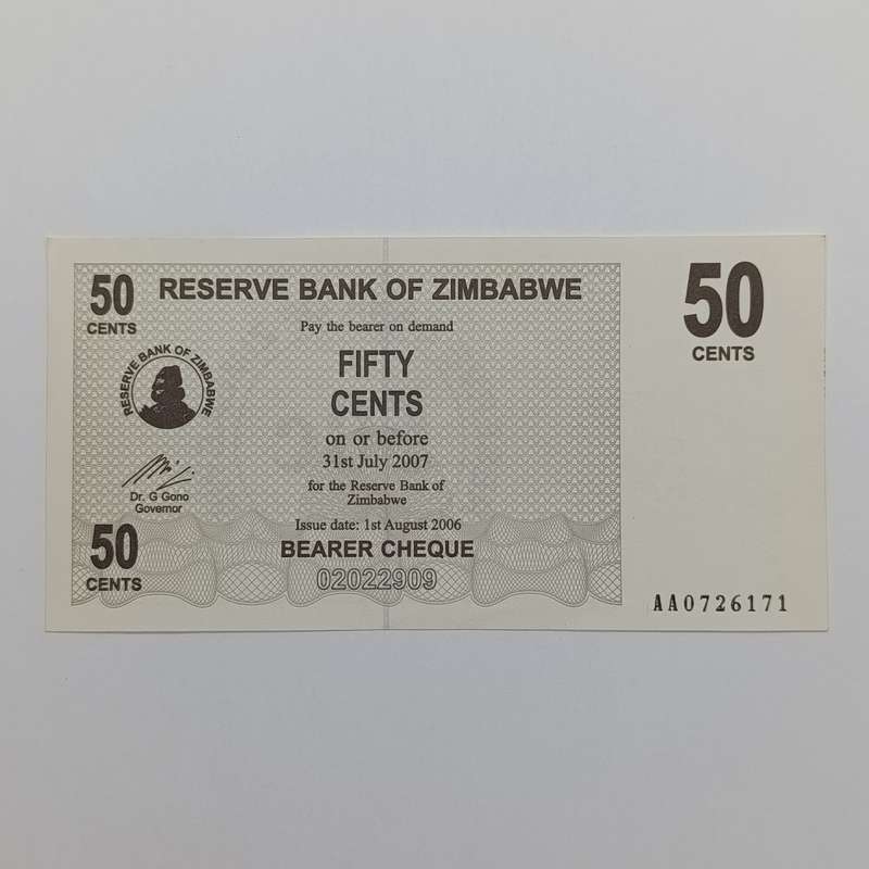 Zimbabwe 1-8-2006 set of lowest denomination bearer cheques 1 cent to 1 dollar uncirculated