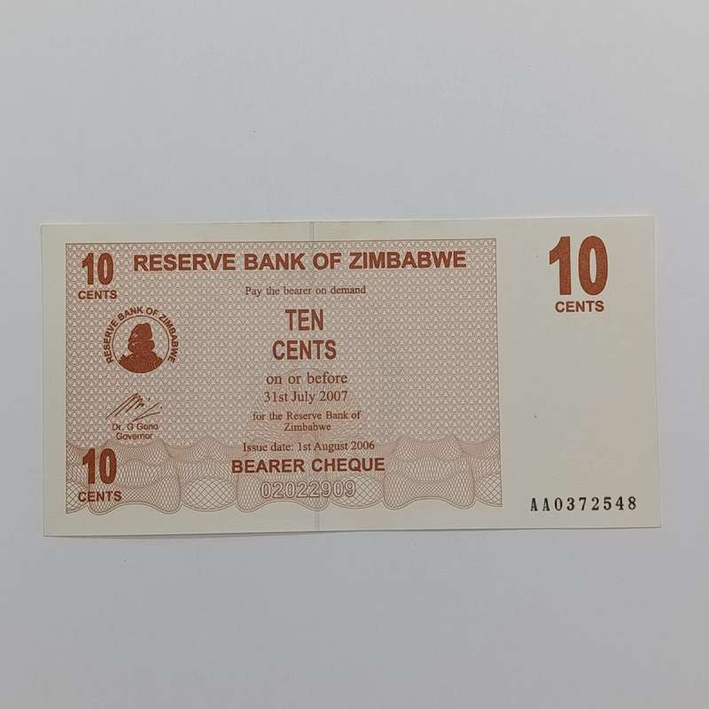 Zimbabwe 1-8-2006 set of lowest denomination bearer cheques 1 cent to 1 dollar uncirculated