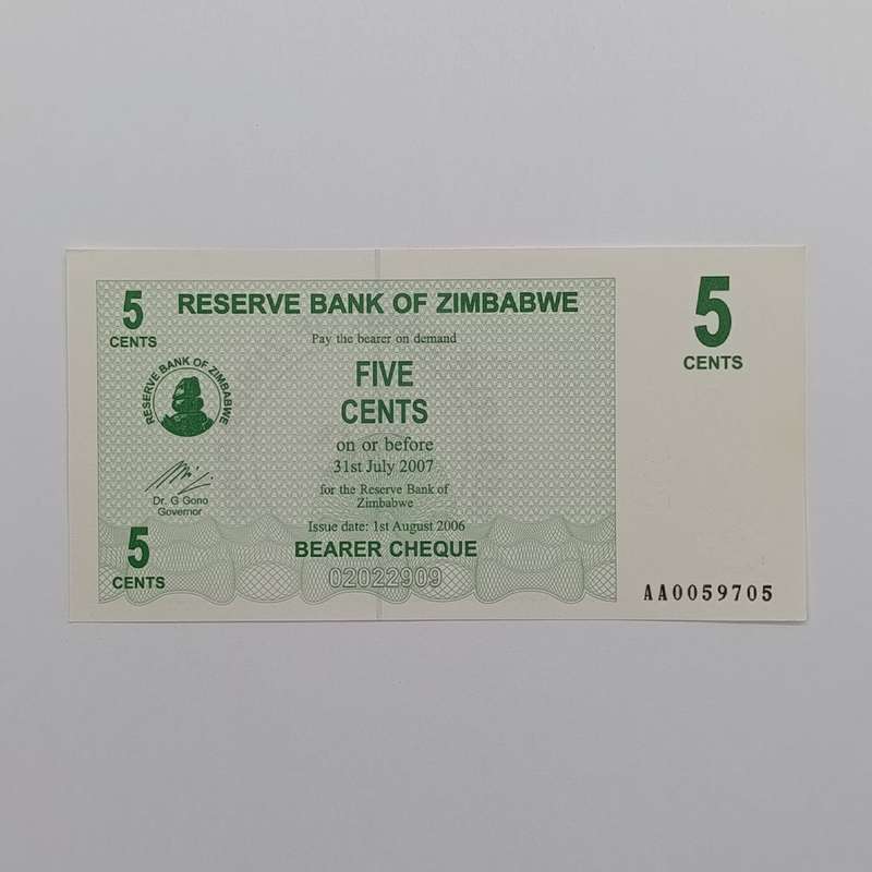 Zimbabwe 1-8-2006 set of lowest denomination bearer cheques 1 cent to 1 dollar uncirculated