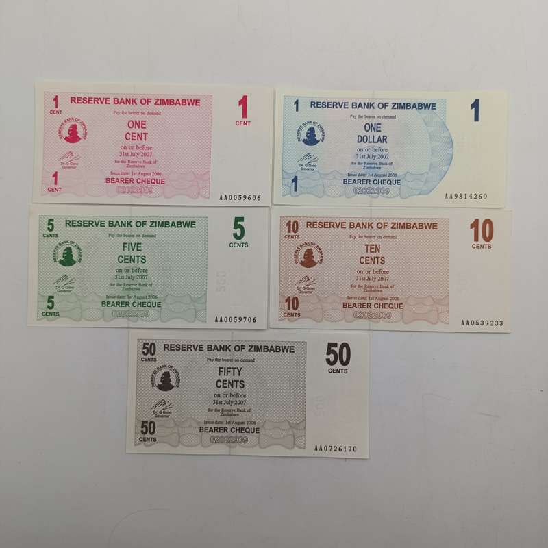 Zimbabwe 1 August 2006 set of lowest denomination bearer cheques - 1 cent to 1 dollar uncirculated