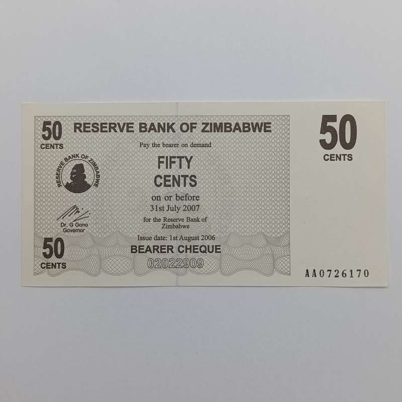 Zimbabwe 1 August 2006 set of lowest denomination bearer cheques - 1 cent to 1 dollar uncirculated