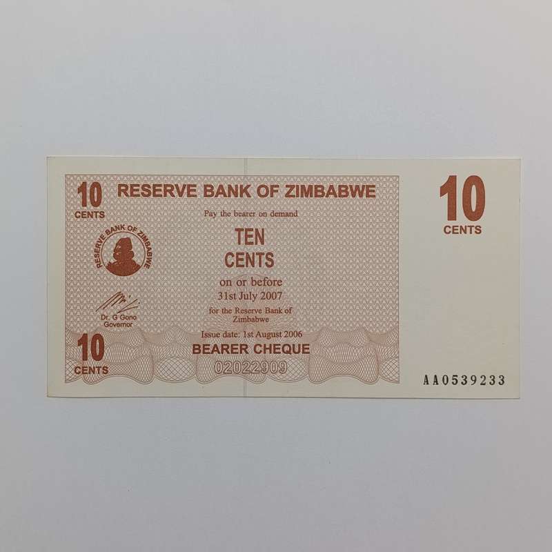 Zimbabwe 1 August 2006 set of lowest denomination bearer cheques - 1 cent to 1 dollar uncirculated