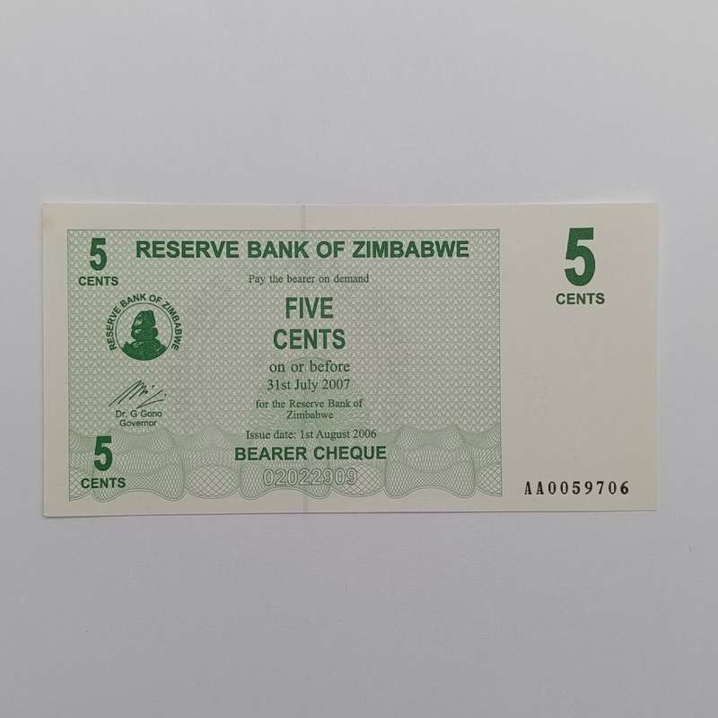 Zimbabwe 1 August 2006 set of lowest denomination bearer cheques - 1 cent to 1 dollar uncirculated