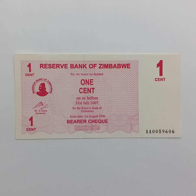 Zimbabwe 1 August 2006 set of lowest denomination bearer cheques - 1 cent to 1 dollar uncirculated