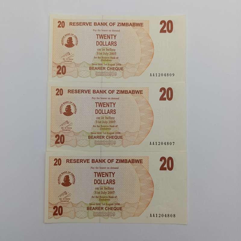 Zimbabwe $20 Bearer cheques Issue date 1 Aug 2006 lot 3 uncirculated notes with consecutive numbers