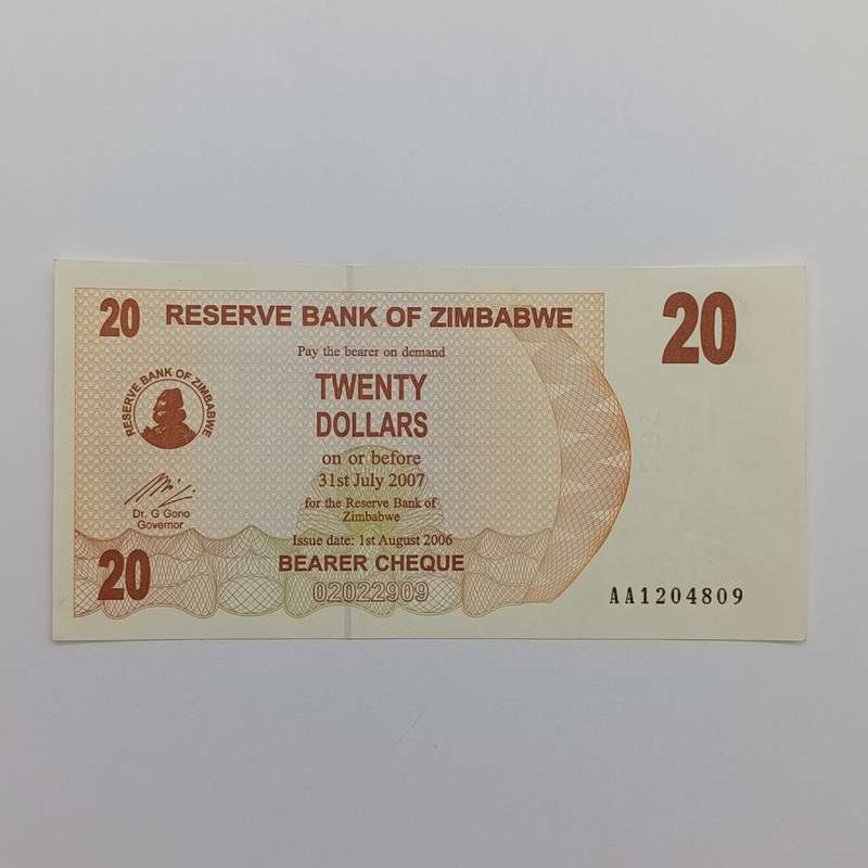 Zimbabwe $20 Bearer cheques Issue date 1 Aug 2006 lot 3 uncirculated notes with consecutive numbers