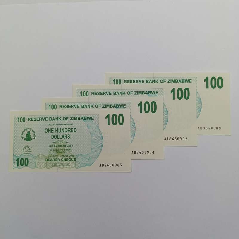 Zimbabwe $100 Bearer cheques issued 1 August 2006 lot 4 uncirculated notes with consecutive numbers