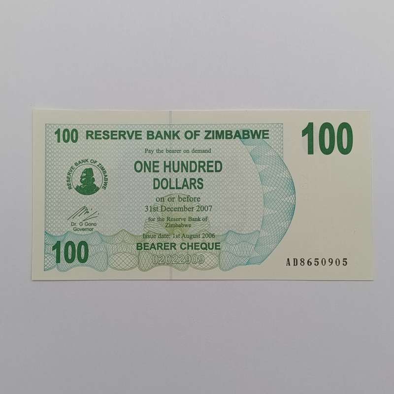 Zimbabwe $100 Bearer cheques issued 1 August 2006 lot 4 uncirculated notes with consecutive numbers