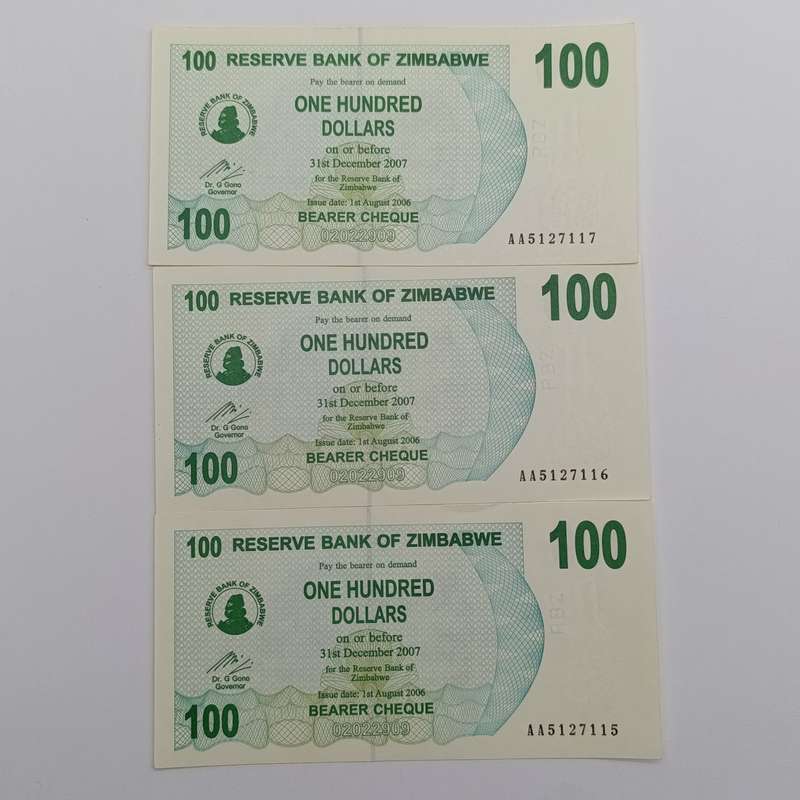 Zimbabwe $100 bearer cheques lot of 3 uncirculated notes with  consecutive numbers - AA