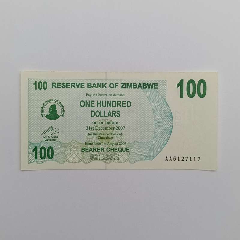 Zimbabwe $100 bearer cheques lot of 3 uncirculated notes with  consecutive numbers - AA