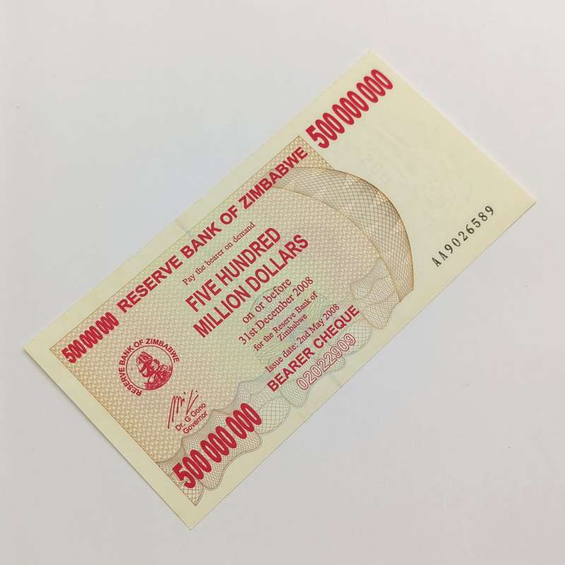 Zimbabwe 500 Million Bearer cheque issued 2nd May 2008 consecutive numbered lot of 3 banknotes