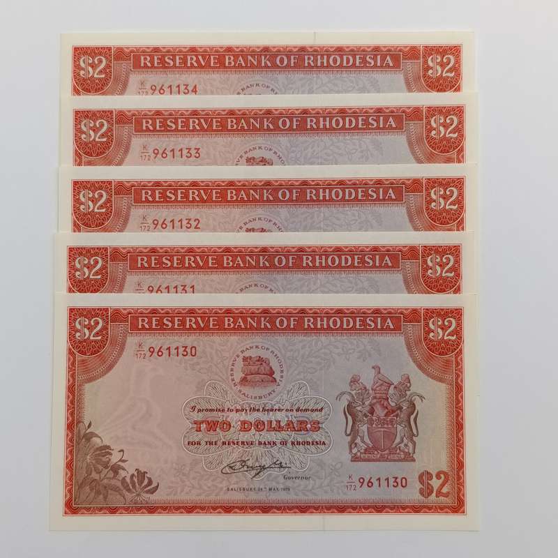 Rhodesia Two dollars banknotes 24 May 1979 consecutive lot of 5 uncirculated notes