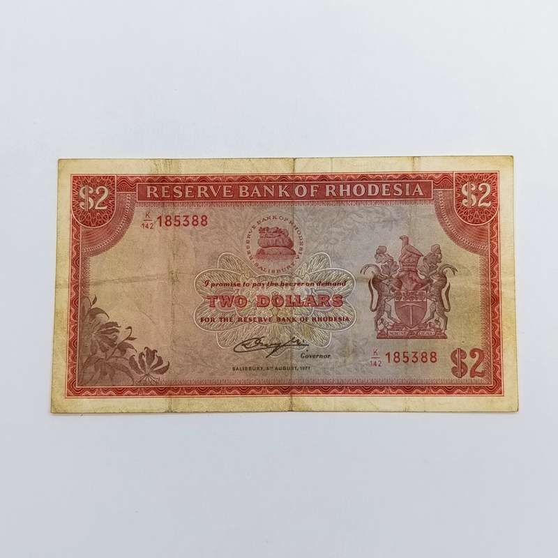 Rhodesia Two dollars banknote 5 August 1977 used and folded