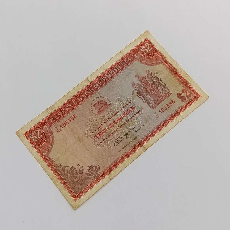 Rhodesia Two dollars banknote 5 August 1977 used and folded