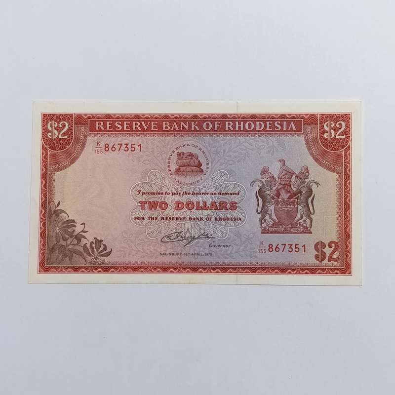 Rhodesia Two dollars banknote 10 April 1979 AU bird watermark