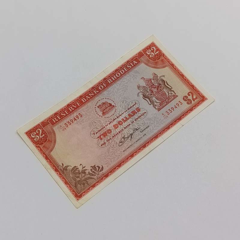 Rhodesia Two dollars banknote 1 March 1976 XF - discoloring at the back
