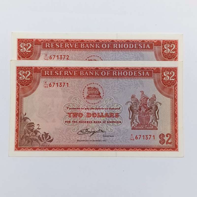 Rhodesia Two dollars banknotes Salisbury 5 August 1977 Pair of uncirculated notes