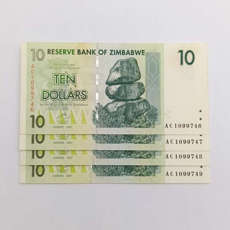 Zimbabwe $10 Harare 2007 lot of 4 uncirculated banknotes with consecutive numbers