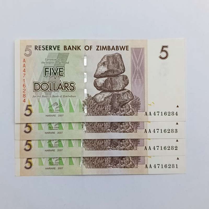 Zimbabwe lot of 4 x $5 Harare 2007 banknotes - all uncirculated AA numbers