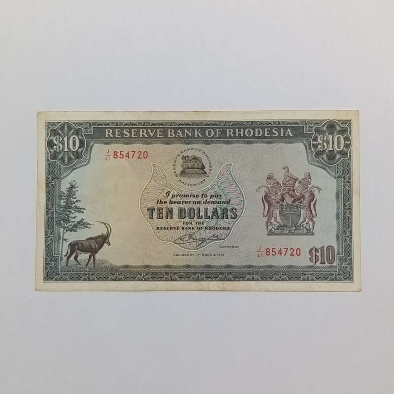 Rhodesia ten dollars banknote Salisbury 1st March 1976 VF condition