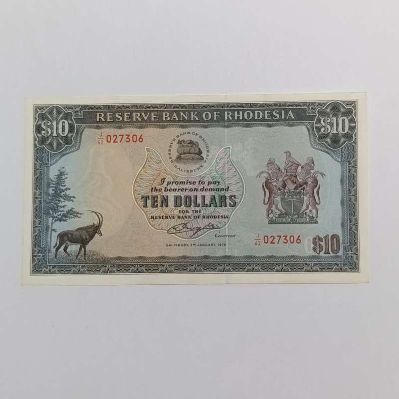 Rhodesia Ten dollars banknote 2 January 1979 very light top dents but uncirculated