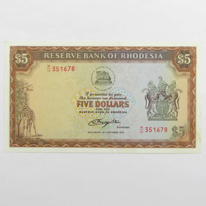 Rhodesia Five dollars banknote 20 October 1978 AU - Single fold