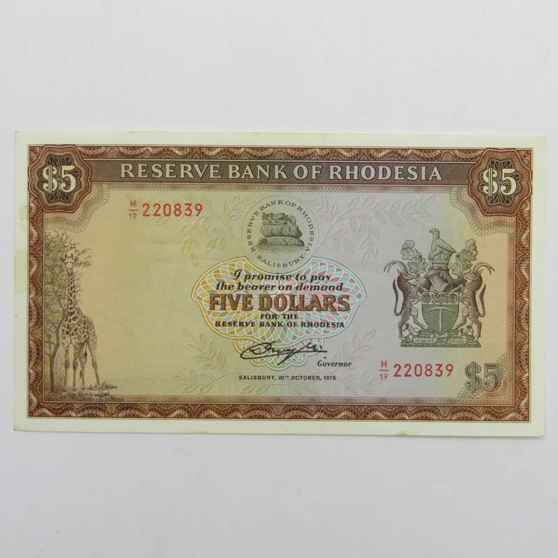 Rhodesia Five Dollars 20 Oct 1978 banknote - AU - light creasing