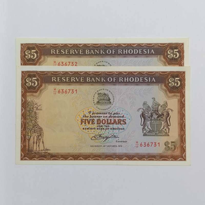 Rhodesia five dollars banknotes 20 October 1978 uncirculated pair with consecutive