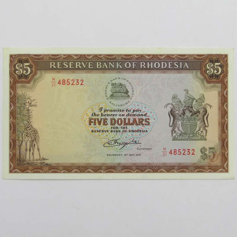 Rhodesia Five Dollars 15 May 1979 banknote - AU - Single fold, light marks