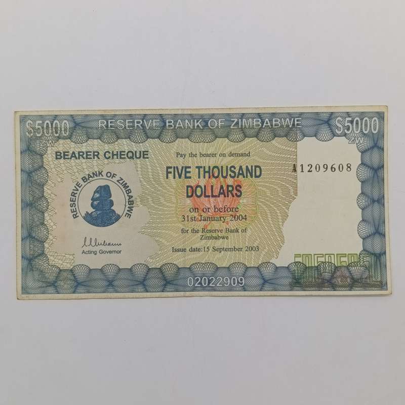 Zimbabwe $5000 Bearer Cheque issued 15 Sept 2003 a number circulated