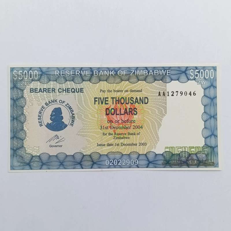 Zimbabwe $5000 Bearer cheque issued 1 December 2003 uncirculated AA number