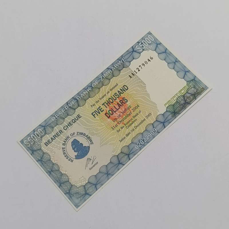 Zimbabwe $5000 Bearer cheque issued 1 December 2003 uncirculated AA number