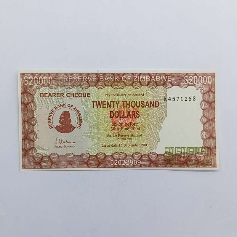 Zimbabwe $20 000 Cheque Issued 15 September 2003 K number uncirculated