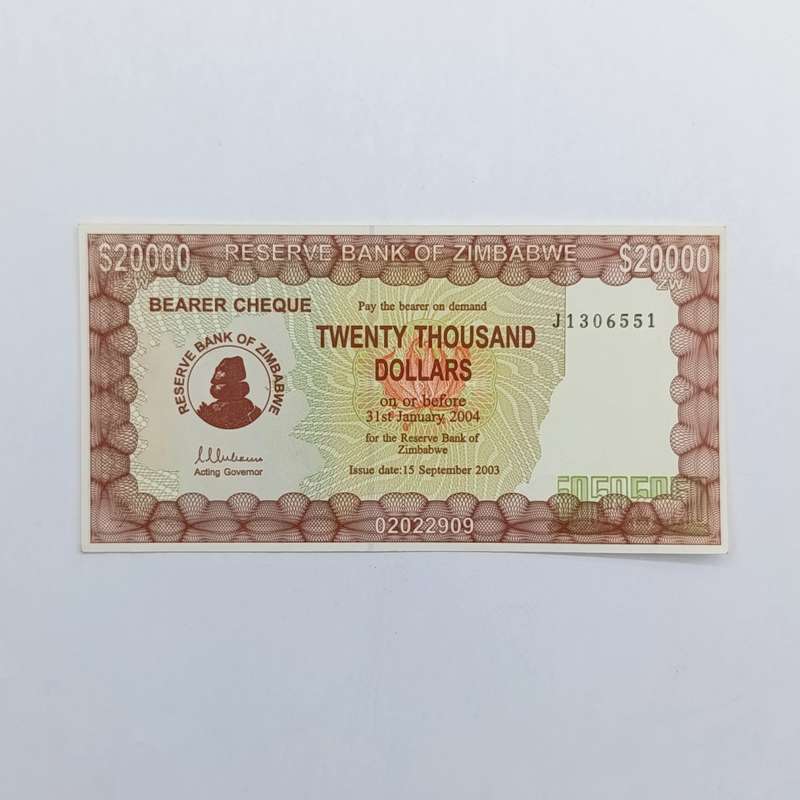 Zimbabwe $20 000 Bearer cheque issued 15 Sept 2003 uncirculated J number