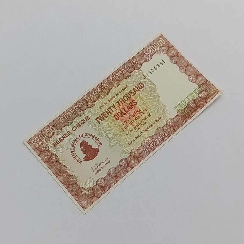 Zimbabwe $20 000 Bearer cheque issued 15 Sept 2003 uncirculated J number