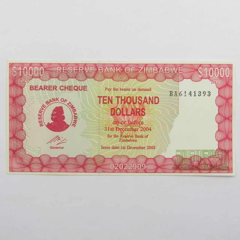Zimbabwe $10000 Bearer Cheque issued 1 Dec 2003 - uncirculated - BA number