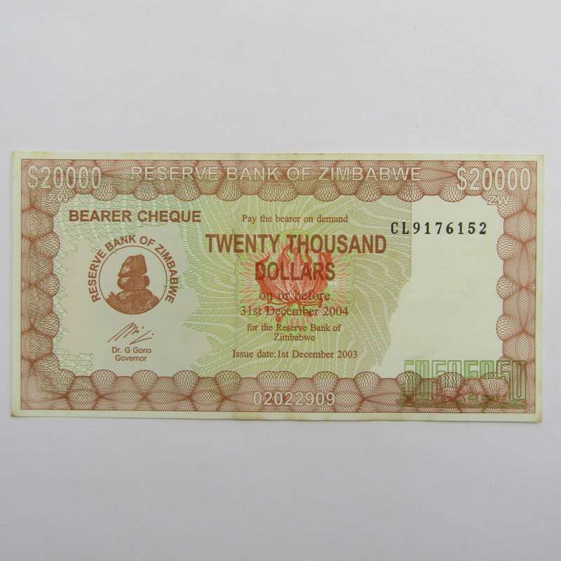 Zimbabwe $20000 Bearer Cheque issued 1 Dec 2003 - uncirculated - Rare CL proving number