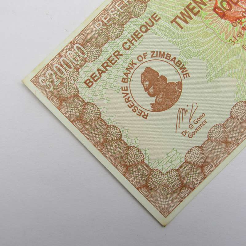 Zimbabwe $20000 Bearer Cheque issued 1 Dec 2003 - uncirculated - Rare CL proving number