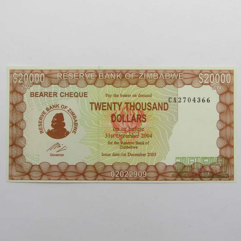 Zimbabwe $20000 Bearer Cheque issued 1 Dec 2003 - uncirculated - Rare CA number
