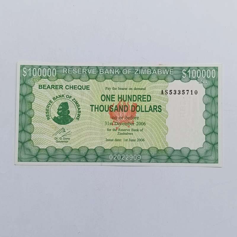 Zimbabwe One hundred thousand dollars 1 June 2006 Bearer cheque uncirculated
