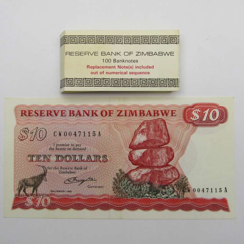 Zimbabwe $10 uncirculated Replacement banknote with original wrapper - CW series - 1980