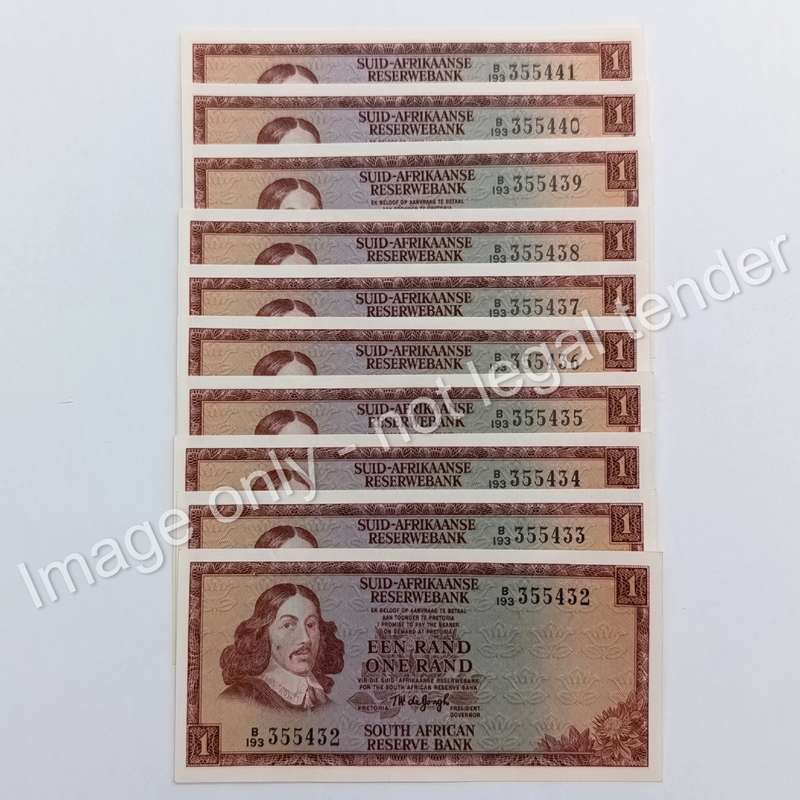 Lot of 10 TW de Jongh 2nd issue 1973 R1 banknotes - uncirculated with consecutive numbers